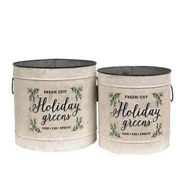 2/Set, Holiday Greens Distressed Metal Pails - The Fox Decor